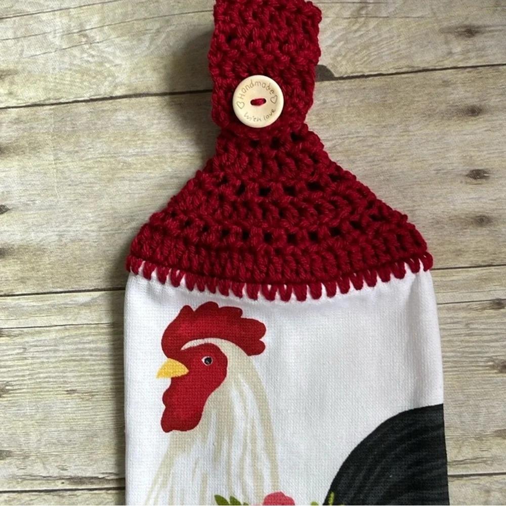 Crochet Top Single Thickness Hanging Towel Rooster & Flowers Handmade w Love